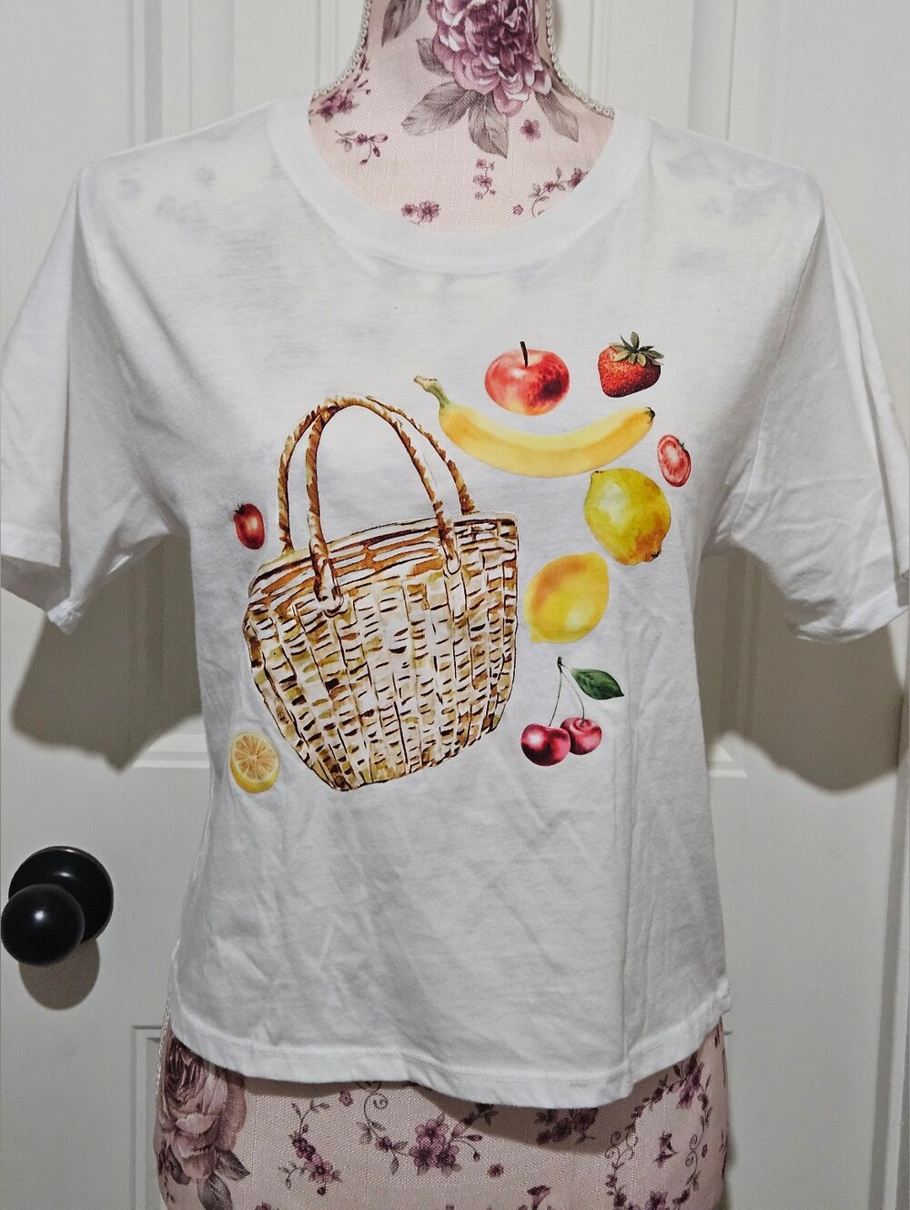 White T-shirt with Fruit Basket Graphic Print